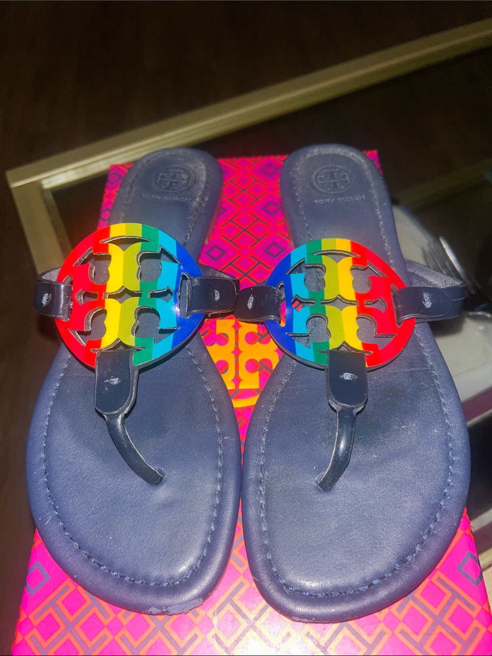 Tory Burch Navy Leather Sandals with Rainbow Logo Medallions 8.5